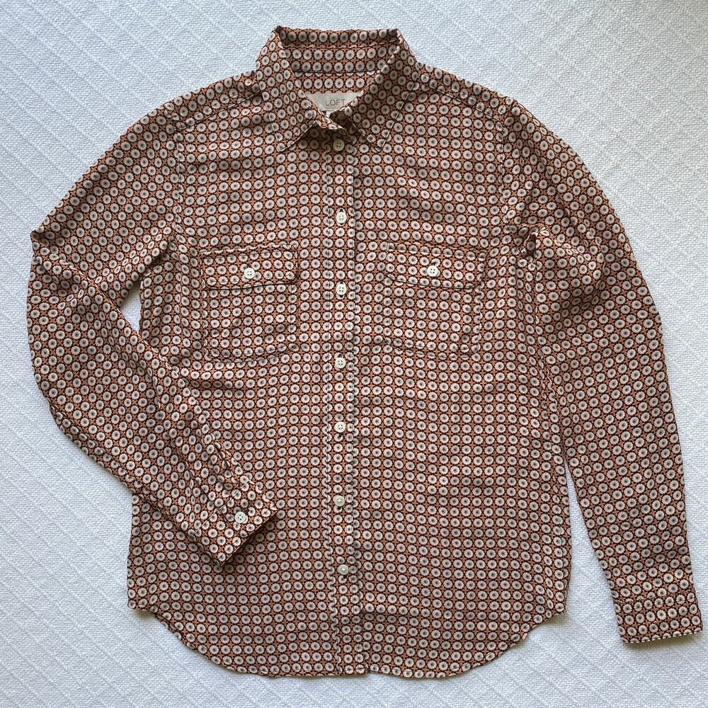 Ann Taylor Loft Long Sleeve Collar Button Up Blouse‎ Geometric Floral Size XXS